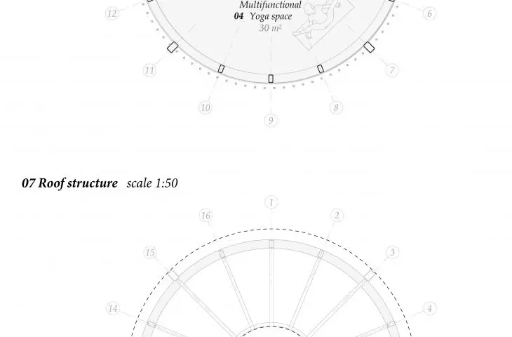 Yoga cabin, level 3 and roof plan
