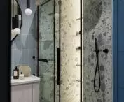 Blue bathroom and wall with terrazzo pattern tiles