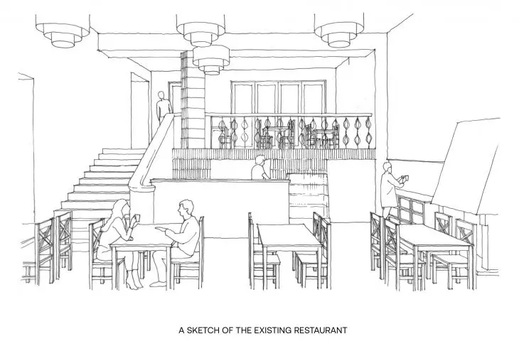Szkic przedstawiający restaurację aktualnie 
