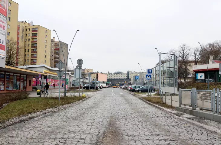 Czarnowska Street in Kielce, in the background you can see the Romantica Cinema