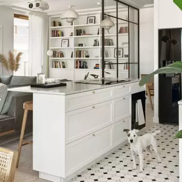 A glass wall separates the kitchen from the living room