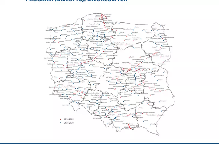 mapa polski przedstawiająca dworce z poprzedniego i obecnego programu inwestycji
