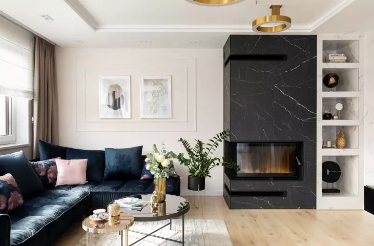 Contrast of marble tiles adds interest to living room design