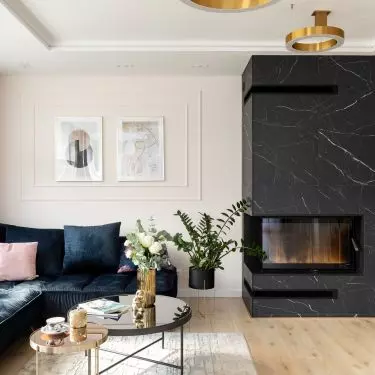 Contrast of marble tiles adds interest to living room design