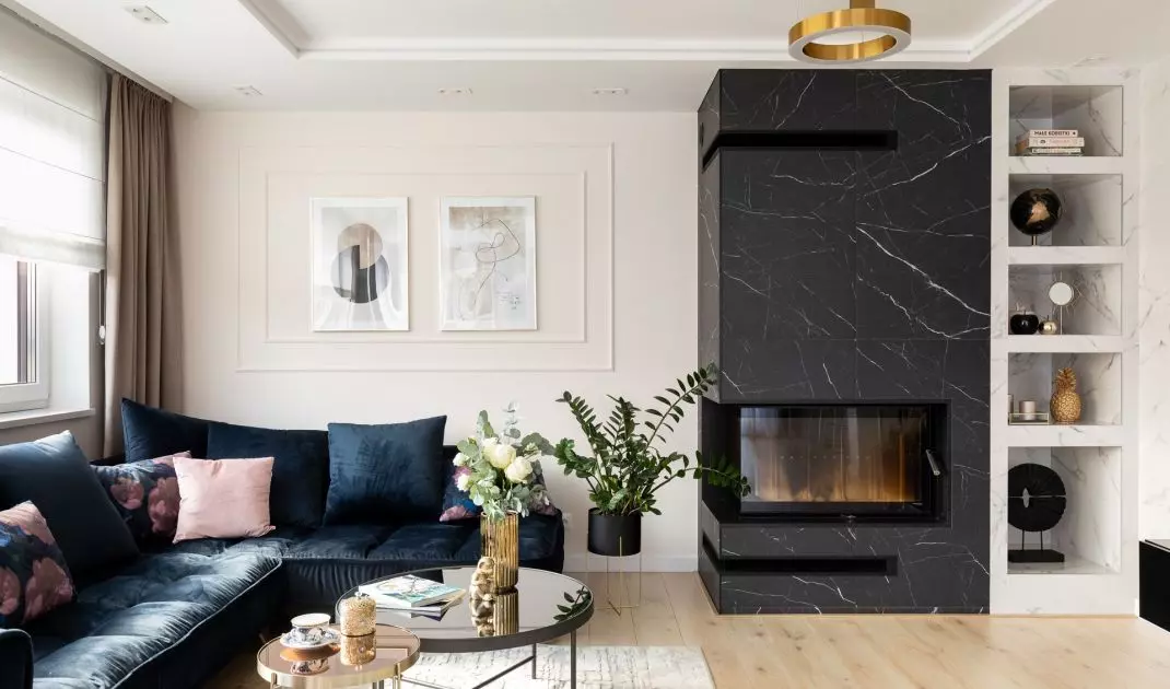 Contrast of marble tiles adds interest to living room design