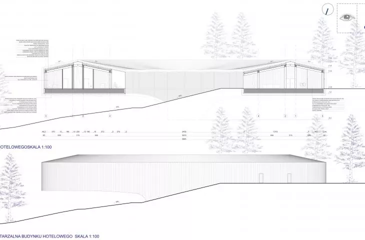 Cross-section and elevation of the hotel