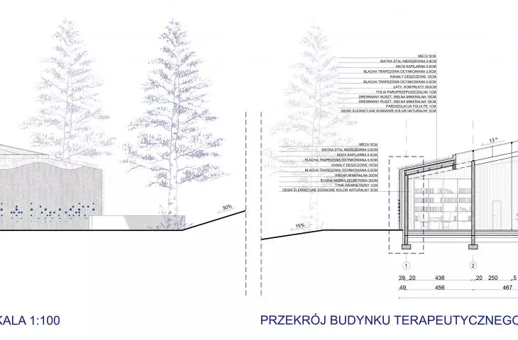 Cross-section and elevation of the therapy building