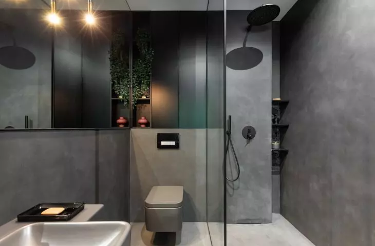 A walk-in shower makes the room appear larger