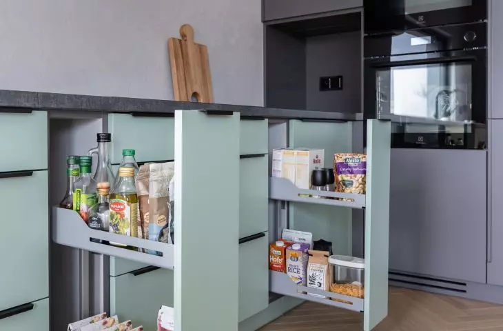 The cabinets have been equipped with systems for easy storage