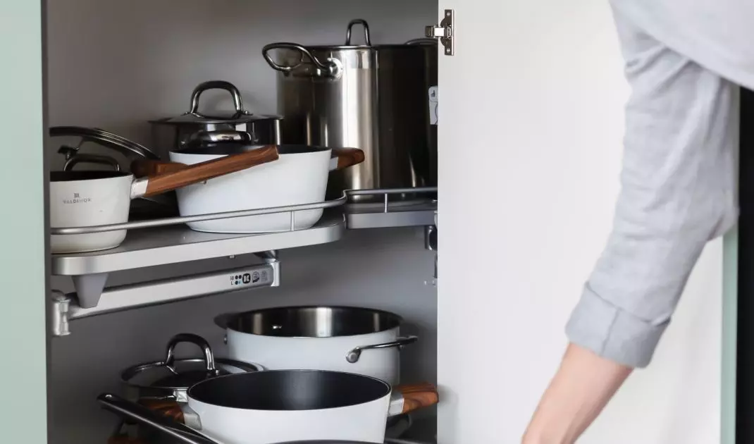 Pull-out shelves keep dishes within easy reach