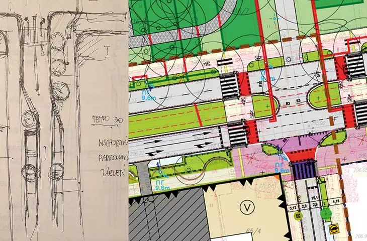 Skrzyżowanie ulicy Nowomiejskiej z ulicą Północną, zmiany zaprojektowane  w obszarze 4 Projektu Rewitalizacji Obszarowej Centrum Łodzi