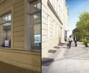 Przestrzeń przed kamienicą w pierzei ulicy Północnej, stan przed rozpoczęciem budowy i stan projektowany
