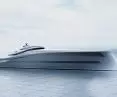 The yacht's profile is characterized by a slender plating line that slopes toward the stern