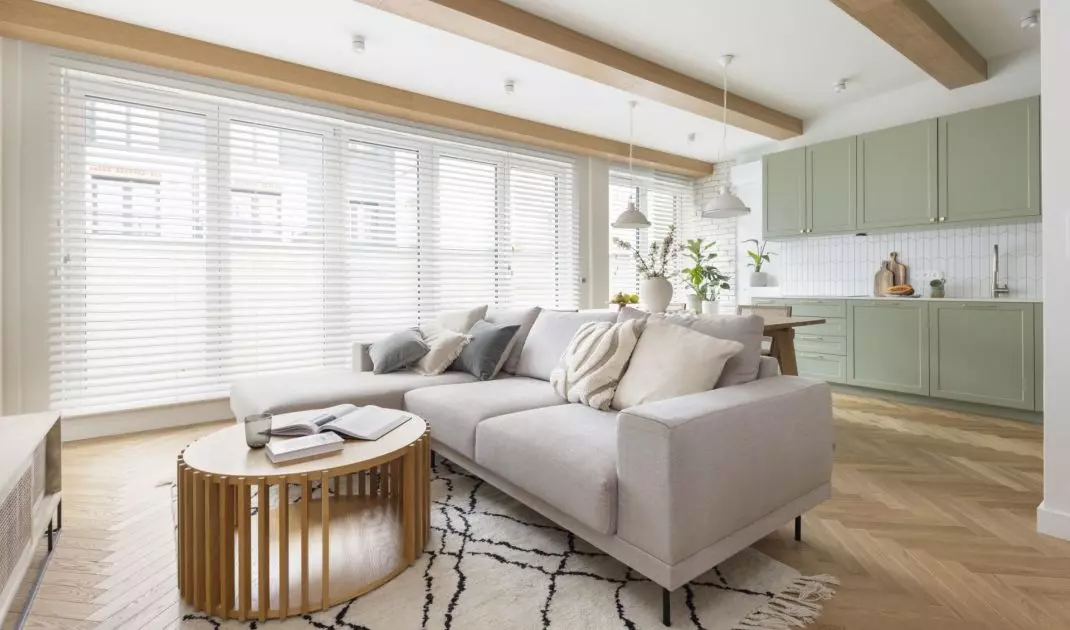 The interior is dominated by natural materials 
