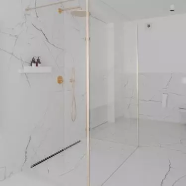 Minimalist walk-in shower does not overwhelm the space