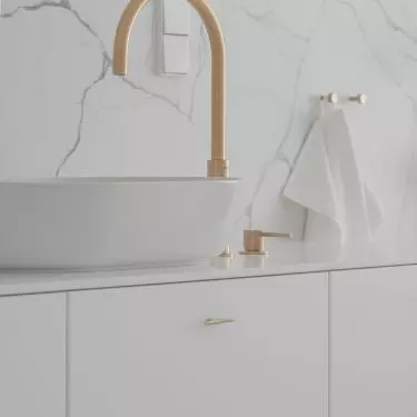 Rounded basins complement gold faucets
