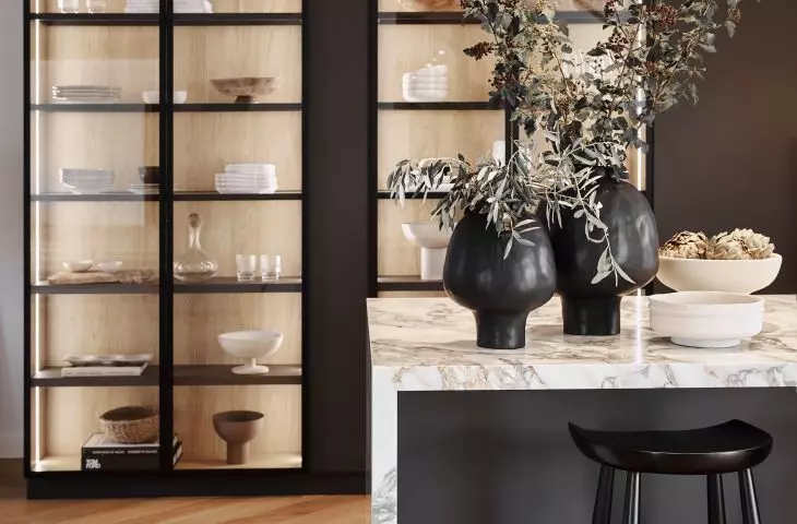 On the shelves, display your favorite accessories