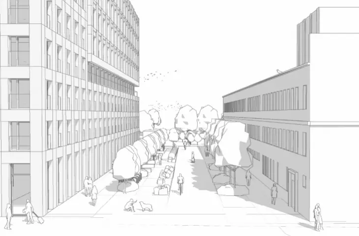 View of the walkway between the Theater and the planned block of flats