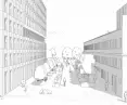 View of the walkway between the Theater and the planned block of flats