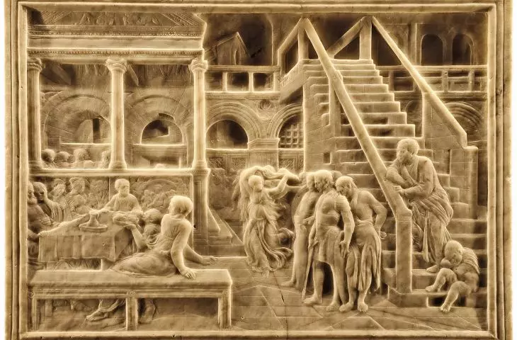 Uczta u Heroda” autorstwa Donatella, relief powstał około 1435 roku