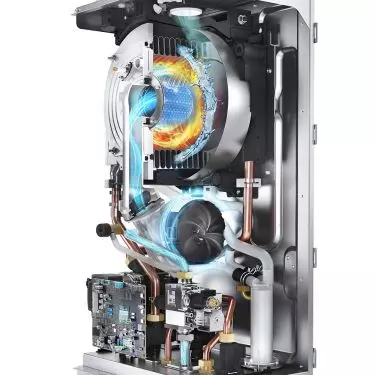 The flue gas coming out of a condensing boiler has a much lower temperature than traditional boilers