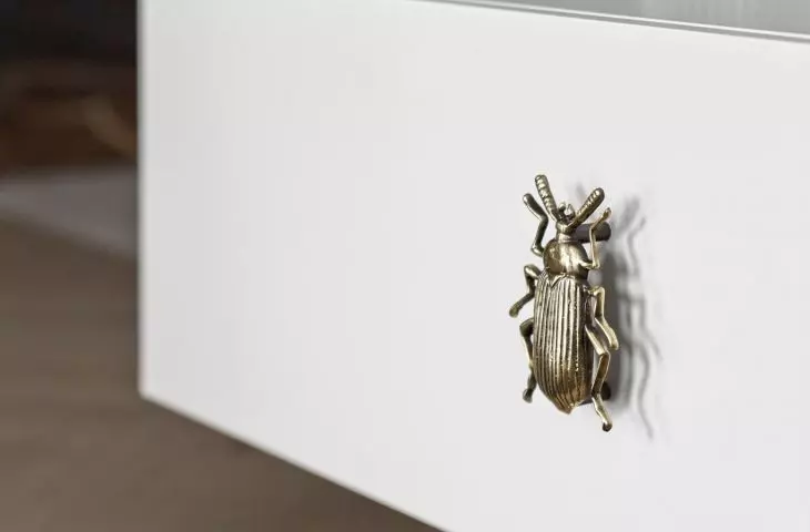 The cabinet under the TV is decorated with handles in the shape of beetles