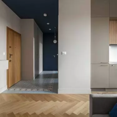 The hallway is distinguished by a navy blue ceiling and patterned tiles on the floor