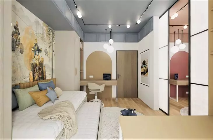 The rooms are connected by glass doors