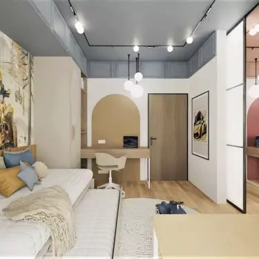 The rooms are connected by glass doors