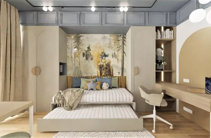 Light wood, gray and shades of yellow make up the composition of a room for a boy