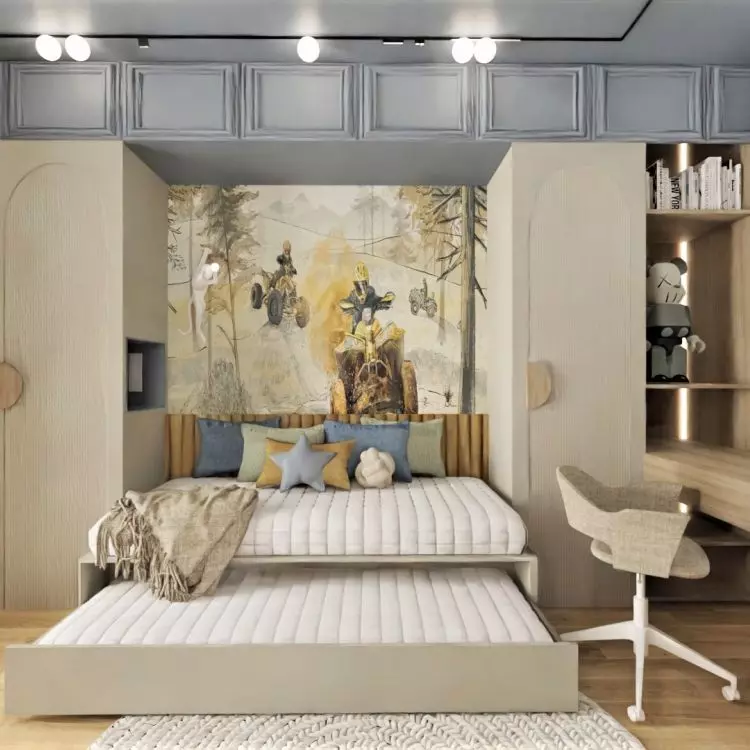 Light wood, gray and shades of yellow make up the composition of a room for a boy