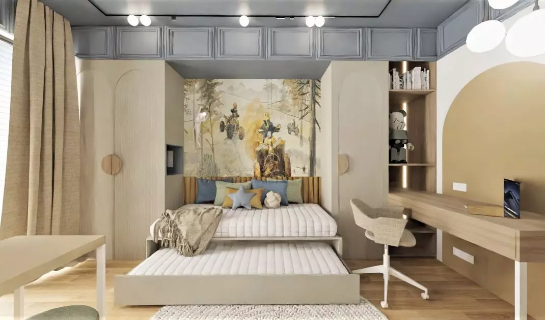 Light wood, gray and shades of yellow make up the composition of a room for a boy