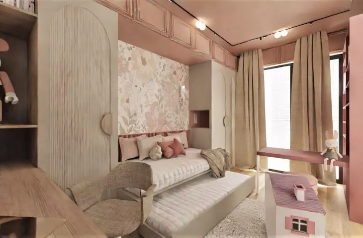 The girl's room is dominated by a combination of traditional wood and pastel pink