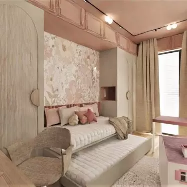 The girl's room is dominated by a combination of traditional wood and pastel pink
