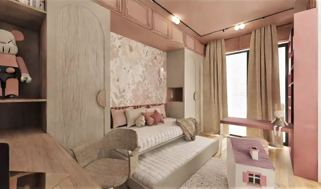 The girl's room is dominated by a combination of traditional wood and pastel pink