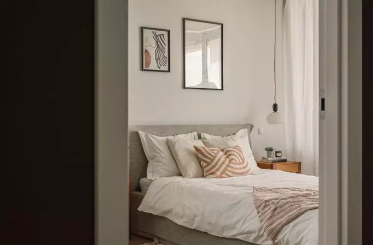 Passing the bathroom, we proceed to the bedroom
