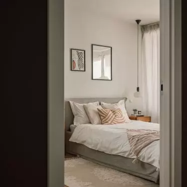 Passing the bathroom, we proceed to the bedroom