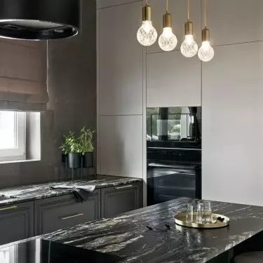 The kitchen is dominated by dark colors