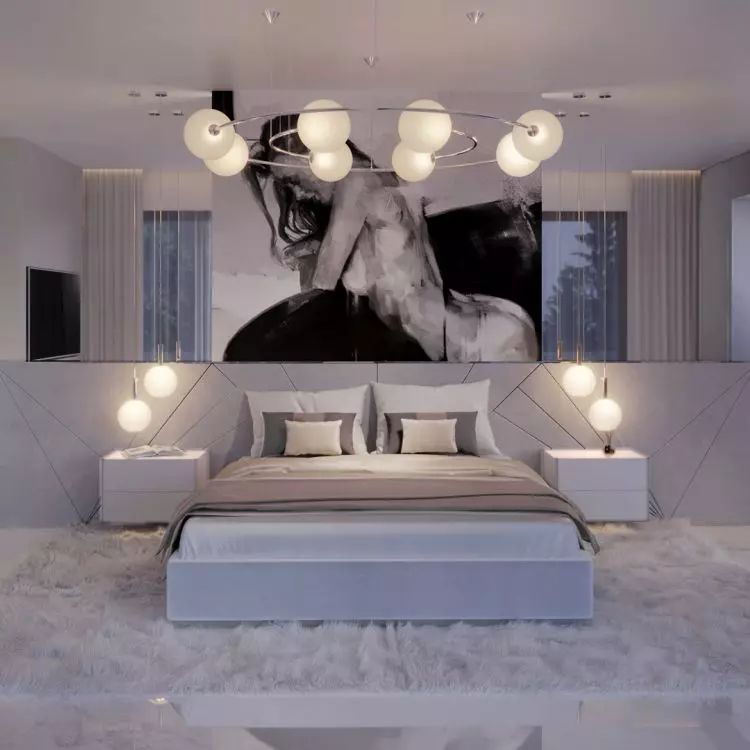 The wall behind the bed was decorated with upholstered panels and graphics