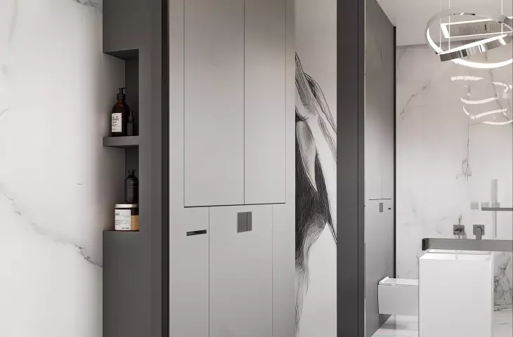 Behind the toilet, there is a gray building