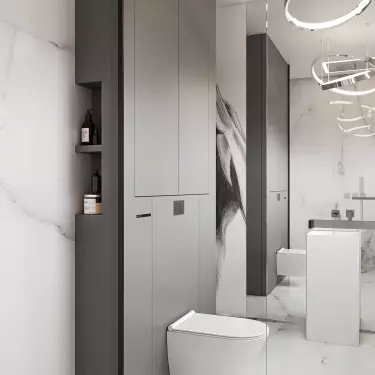 Behind the toilet, there is a gray building