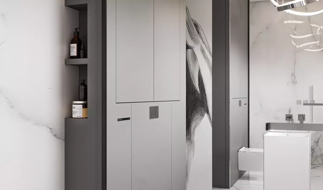 Behind the toilet, there is a gray building