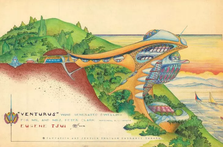 Elevation and cross-section through the entrance tunnel of the 