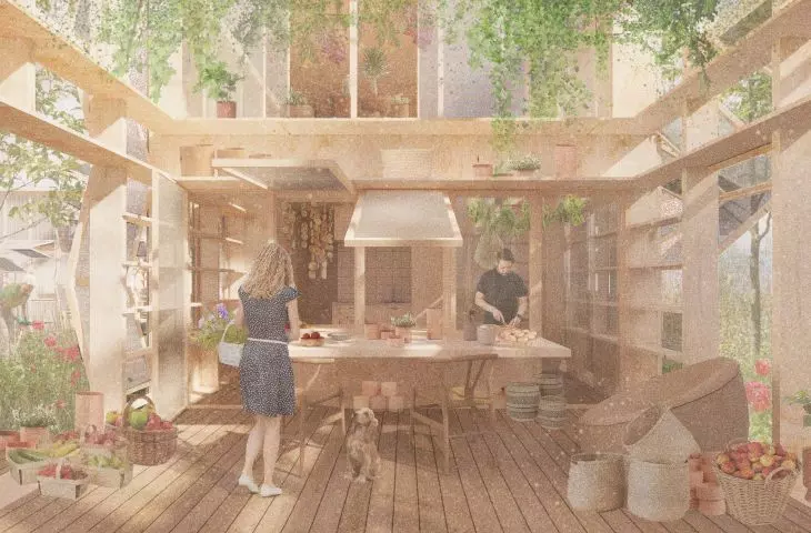 Open patio with shared kitchen 