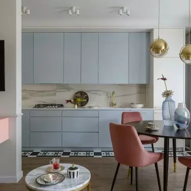 Kitchenette combines blue and white