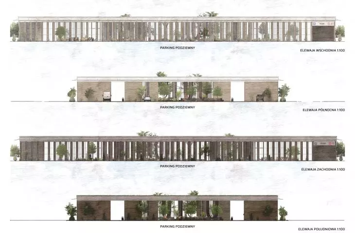 Facades of the facility with pavilions