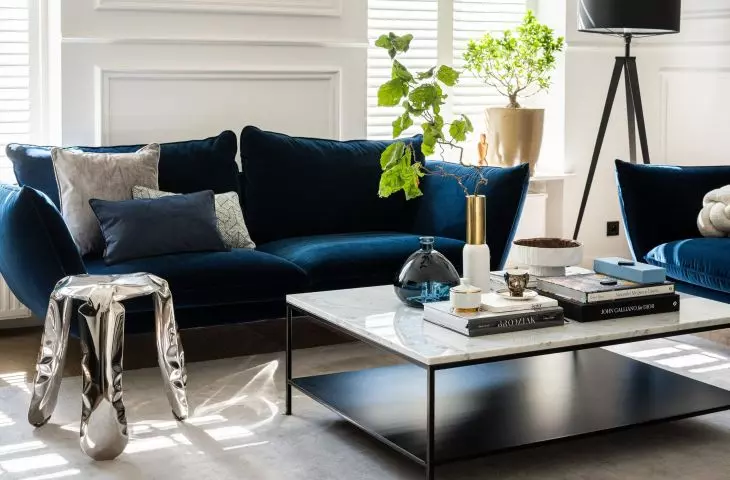  The only color accent is the sofas upholstered in soft navy blue velvet