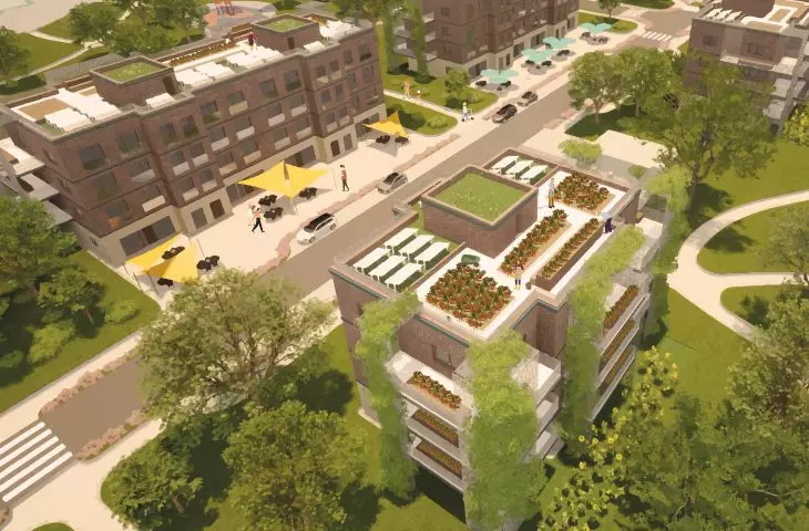 On the roofs, the author used green roofs. There are also places for crops