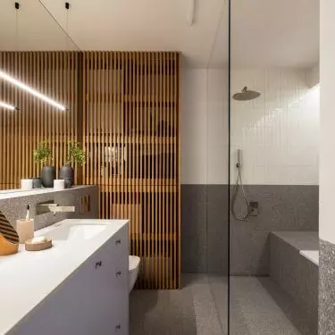 Bathroom arrangement is more subdued