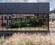 A glazed portion of the facade that reflects the surroundings